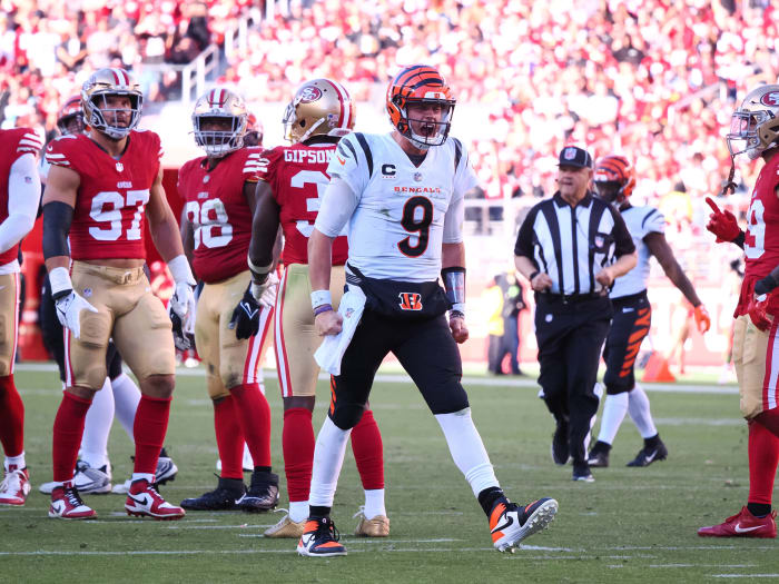 Oct 29, 2023; Santa Clara, California, USA; Cincinnati Bengals quarterback Joe Burrow (9) reacts after making a play against the San Francisco 49ers during the fourth quarter at Levi's Stadium. Mandatory Credit: Kelley L Cox-USA TODAY Sports
